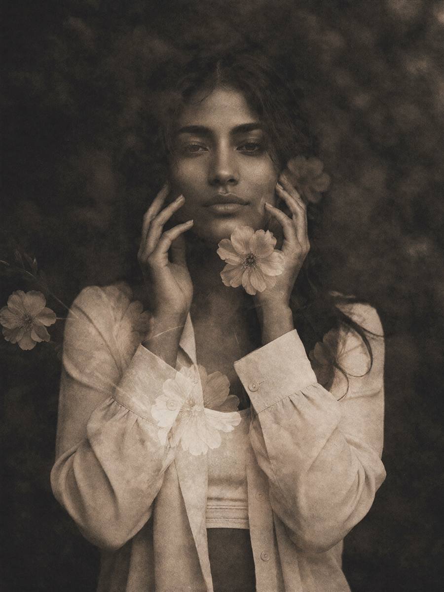 Retrato sépia com flores sobrepostas