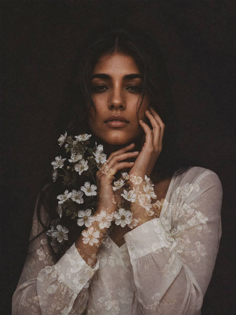 Retrato escuro com flores brancas